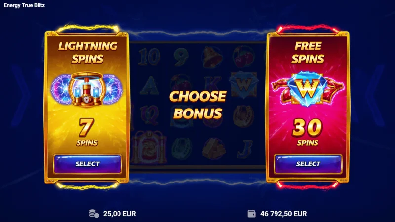 Energy True Blitz - selección de la opción Lightning Spins